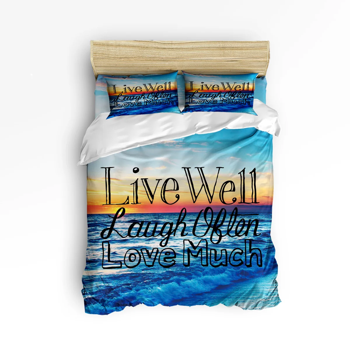 Letter Live Well Sunset Sea 3D Bedding Sets 4pcs Bedclothes Queen/Twin