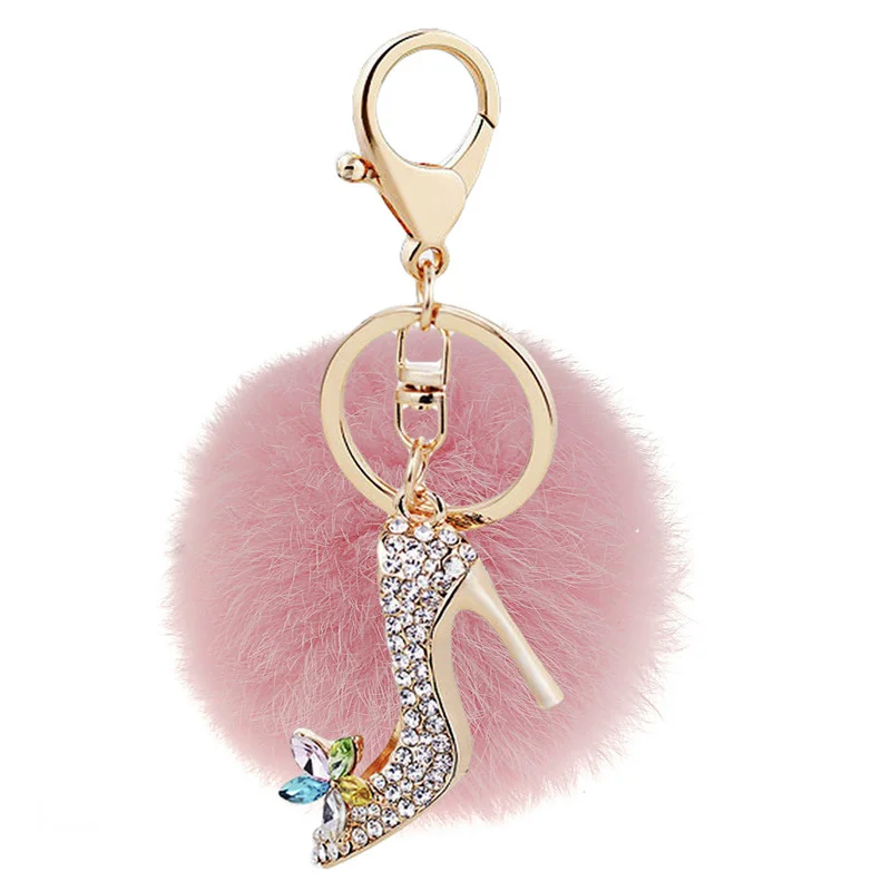 

Rhinestone High Heel Shoe Metal Keychain Crystal Flower Keyring Fluffy 8cm Rabbit Fur Pom Pom Key Chain Key Charm Bag Pendant