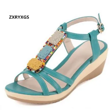 

Hot Sales 2019 Summer New Beaded Cow Leather Shoes Casual Comfortable Women Sandals Fashion Shoes Large Size Women Shoes Sandals
