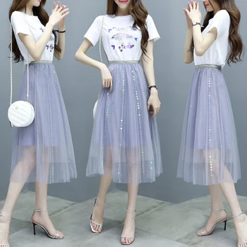 

Short Sleeve Summer Korean Embroidery 2 Piece Set Women Sequin Mesh Skirts Woman Elegant Transparent Top And Skirt Sets