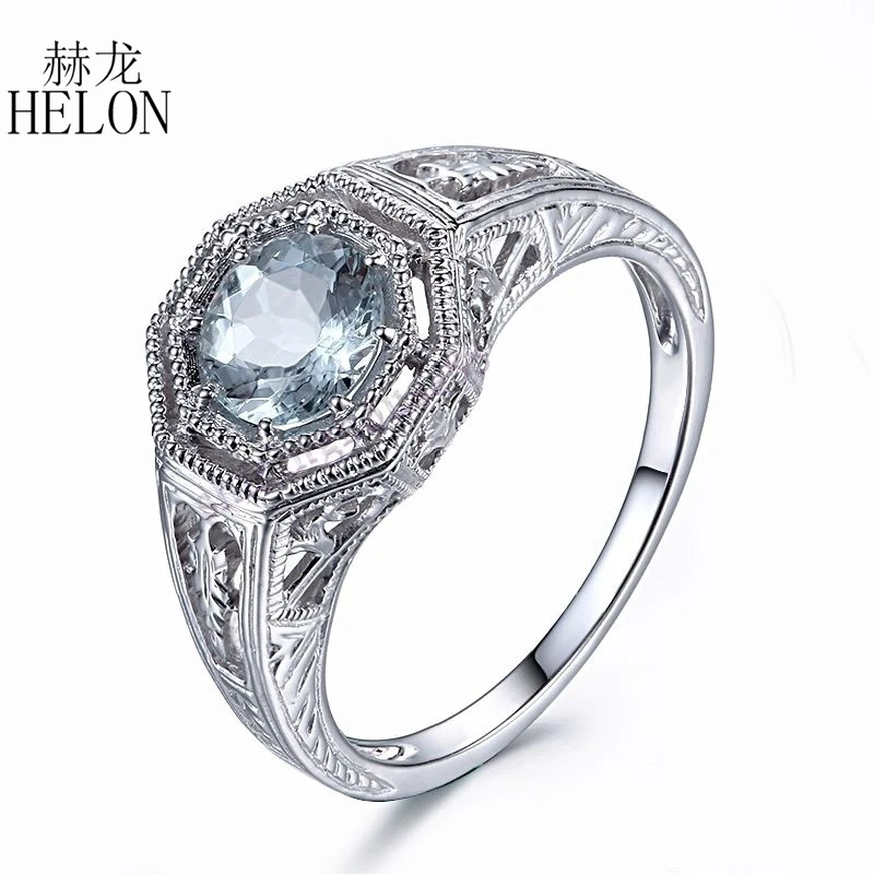 

HELON Vintage 1930s Natural Lightest Blue 6mm Round Cut Aquamarine Solid 10K Solid White Gold Art Deco Women's Jewelry Fine Ring