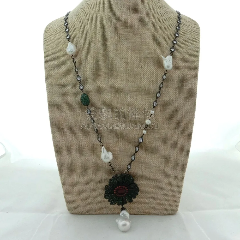 N041508 28 White Keshi Pearl Chain Necklace Green Cz Pave Flower 
