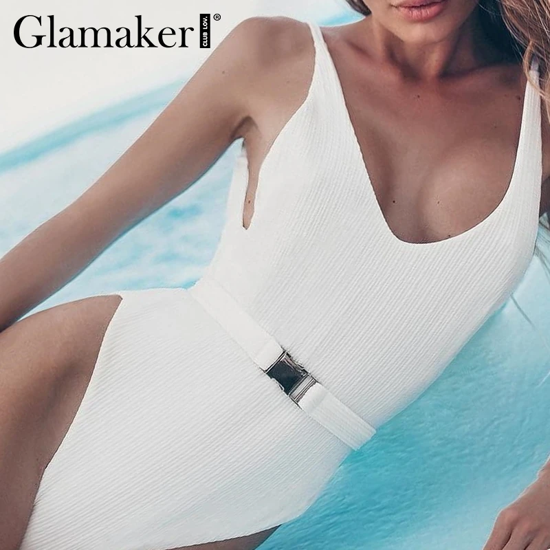 

Glamaker Sexy white swimsuit one piece bodysuit Holiday elegant backless summer bodysuit Party beach v neck bodysuit swimwear