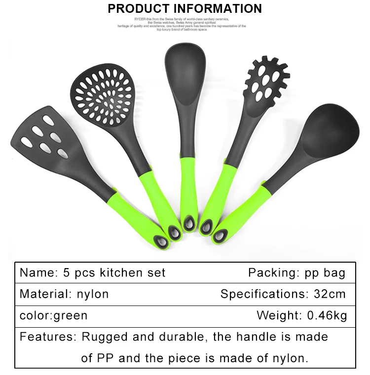 Новинка, кухонные принадлежности, 5 шт., нейлоновые кухонные принадлежности с зеленой ручкой, набор кухонных принадлежностей с восьми функциями, набор кухонных инструментов
