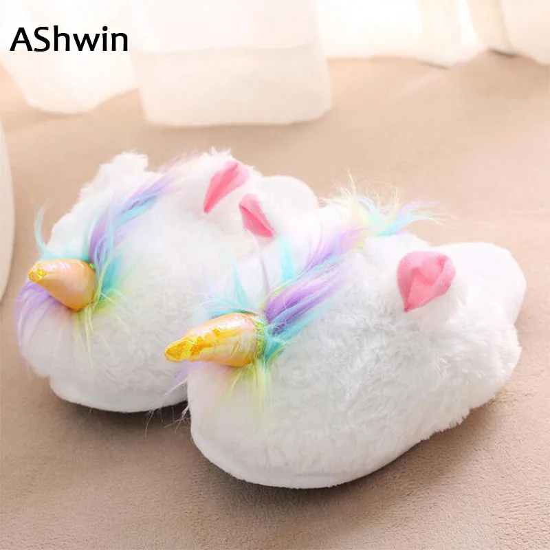 

AShwin stylish unicorn slippers new winter cotton slippers flats men women home slipper plush warm thermal shoes flats 35-43