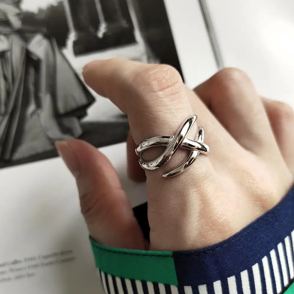 

women's Authentic S925 Sterling Silver FINE Jewelry Wave &Twisted Roped Hollow Cross Long Rings adjust TLJ622