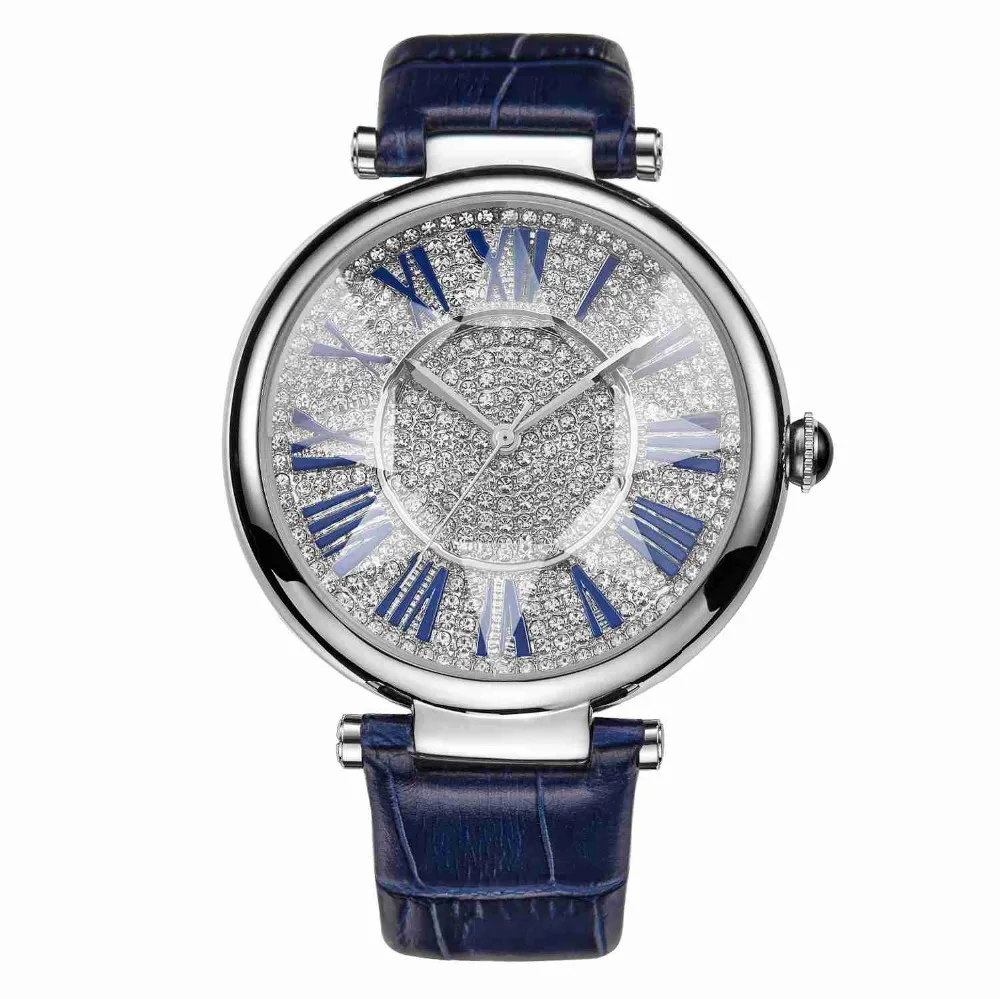 MATISSE Fashion Full Crystal Dial Roman Number Leather Strap Women Fashion Quartz Watch Blue