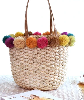 

Summer Colorful PomPon Ball Women Beach Bag Straw Handbags Summer Fashion Bohemian Shoulder Boho Woven Beach Bag