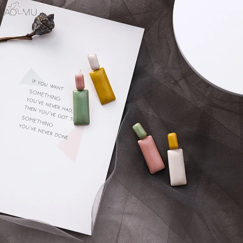 

AOMU S925 silver Pin Summer Hit Color Geometric Rectangle Enamel Drop Dangle Earrings for Women Party Jewelry