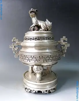 

12" China silver carved fine Foo Dogs Lion dragon Incense burner censer Statue