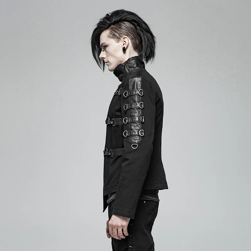 PUNK RAVE Men's Punk Jackets Handsome Asymmetric Twill Short Coat Casual Jacket Both Sides Sleeve Stitching Streetwear