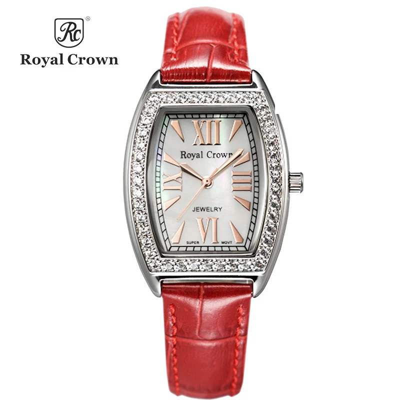 Royal Crown Luxury Men's Lady Women's Watch Japan Quartz Fashion Hours Colorful Bracelet Rhinestone Girl Boy Birthday Gift Box - Цвет: Small Red