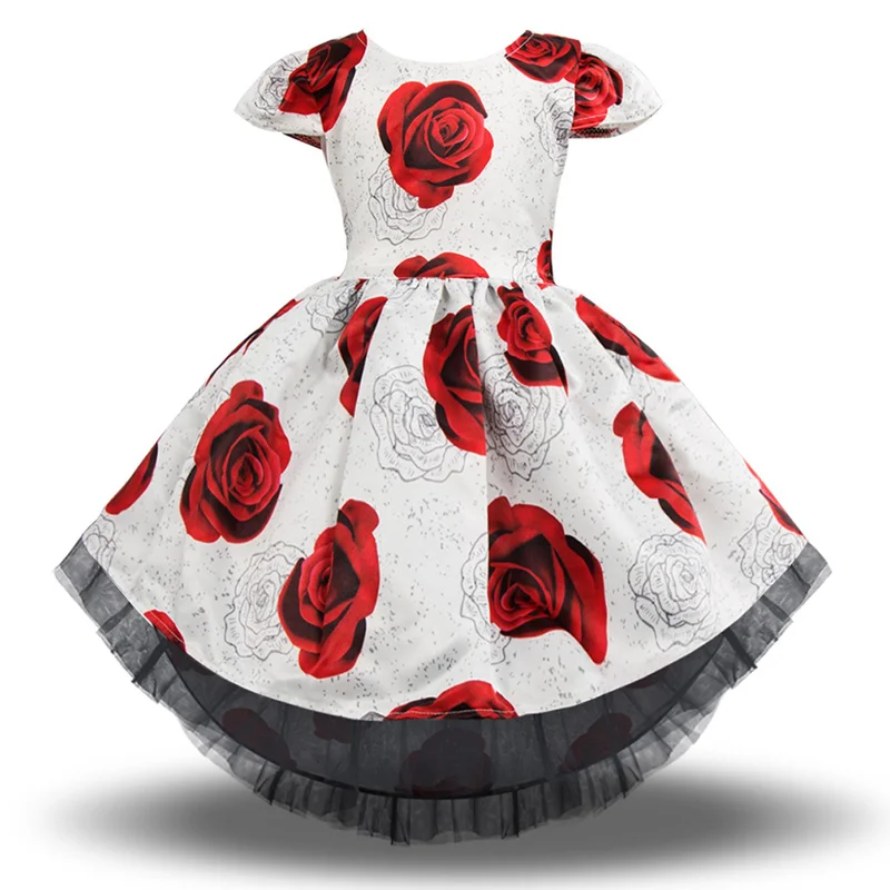 

Kids Girls Print Dress Round Neck Short Sleeves Trailing Princess Formal Dress 998