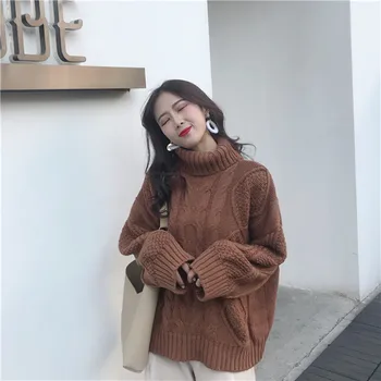 

High Collar Ladies Pullover Twist Twist Sweater Long Sleeve Loose Sweater Coat 2019 New Korean Fashion Sweater AS117