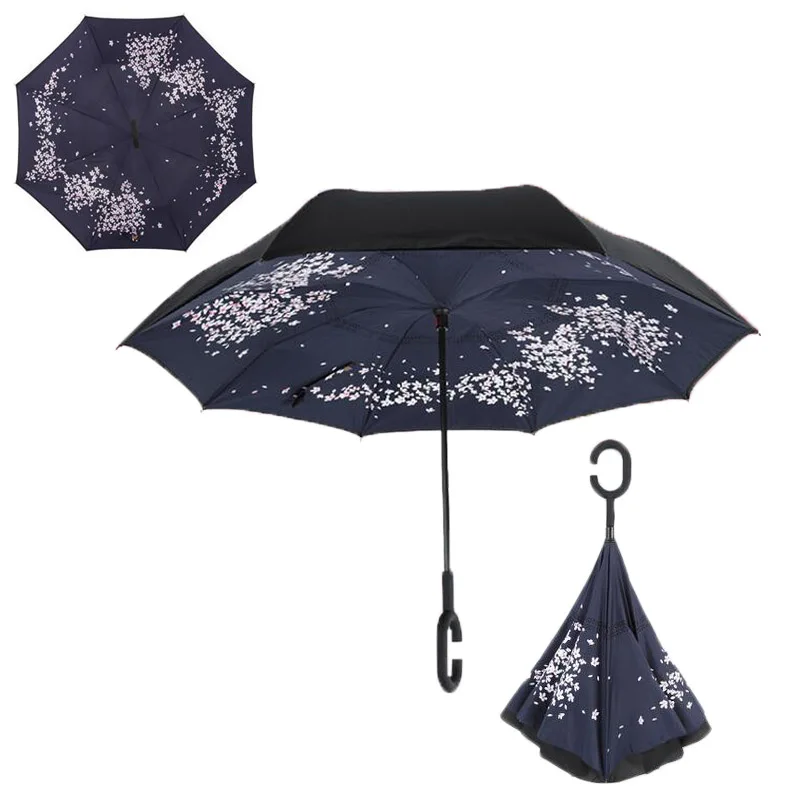 Yesello C Ручка зонтик перевернутый складной обратный зонтик двойной слой перевернутый ветрозащитный дождь автомобиля зонты для женщин - Цвет: Cherry Blossoms