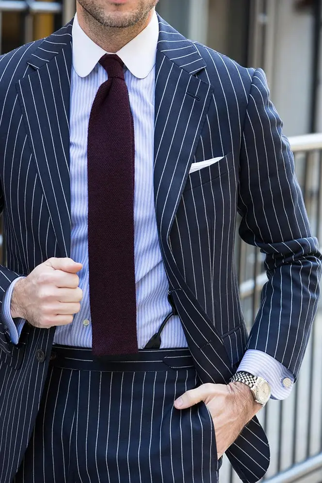blue-pinstripe-suit-burgundy-tie-contrast-club-collar-rolex-datejust-watch