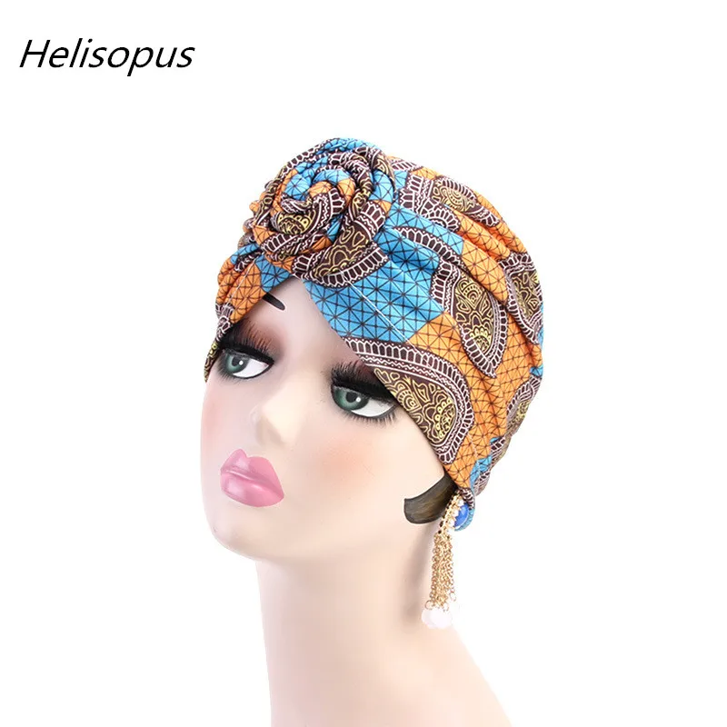 

Helisopus African Pattern Twist Knotted Muslim Turban Women India Hat Hair Loss Bandana Head Wraps Chemo Cap Hair Accessories