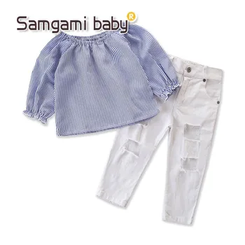 

SAMGAMI BABY Girls Clothing Set Stripe Tops+Broken Hole Pants Jeans 2pcs Children Suit Kids Fashion Outfits Toddler Girl Clothes