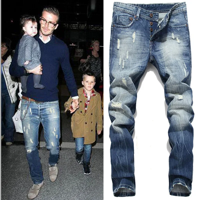 

Men's Straight Slim Hole Jeans Beckham Hip Hop Ripped Washed Denim Pants Buttons Mid Waist Full Length Trousers Large Size