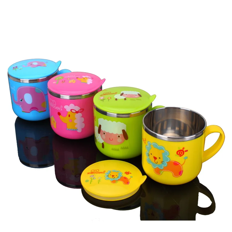 270ml Kids Kawaii Drinking Cup Character Animal Stainless Steel Heat Insulation Cup With Lib Green Yellow Blue Pink colors (4)