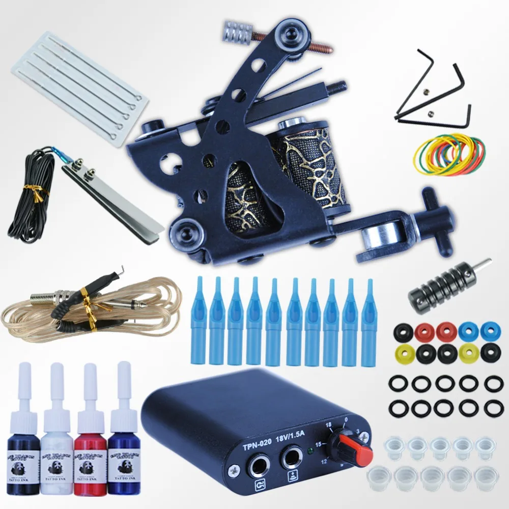 

TATOOINE Complete Beginner Tattoo Kit Machine Tattoo Guns 4 Colors Inks 5pcs Needles MINI Power Supply Grips Tips Set