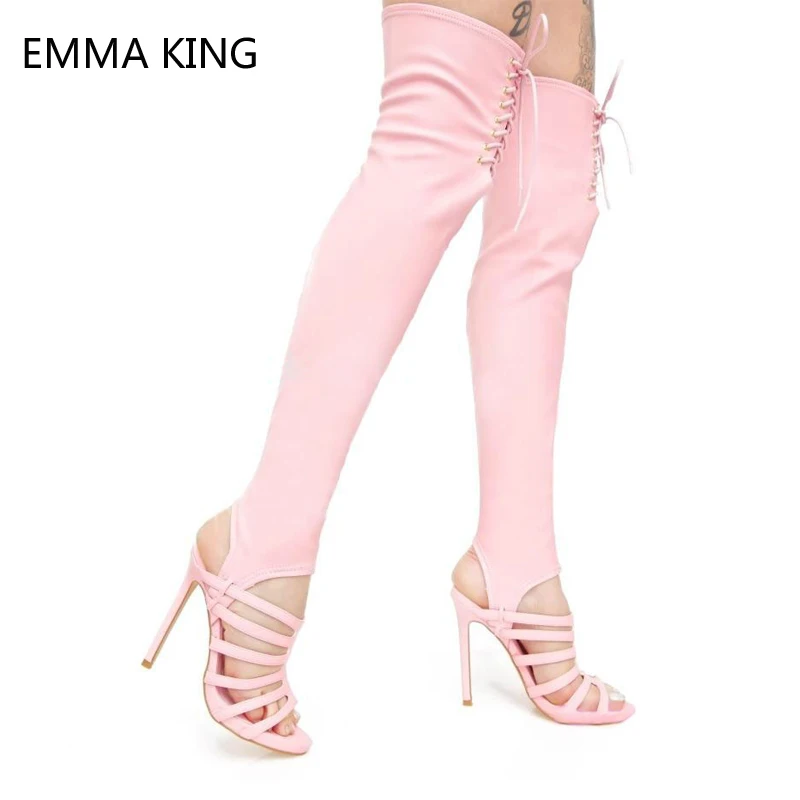 

2019 New Stretch Boots Women Sandals Leather Lace-up Thigh High Summer Party Shoes Women Sexy Stiletto High Heel Long Boots