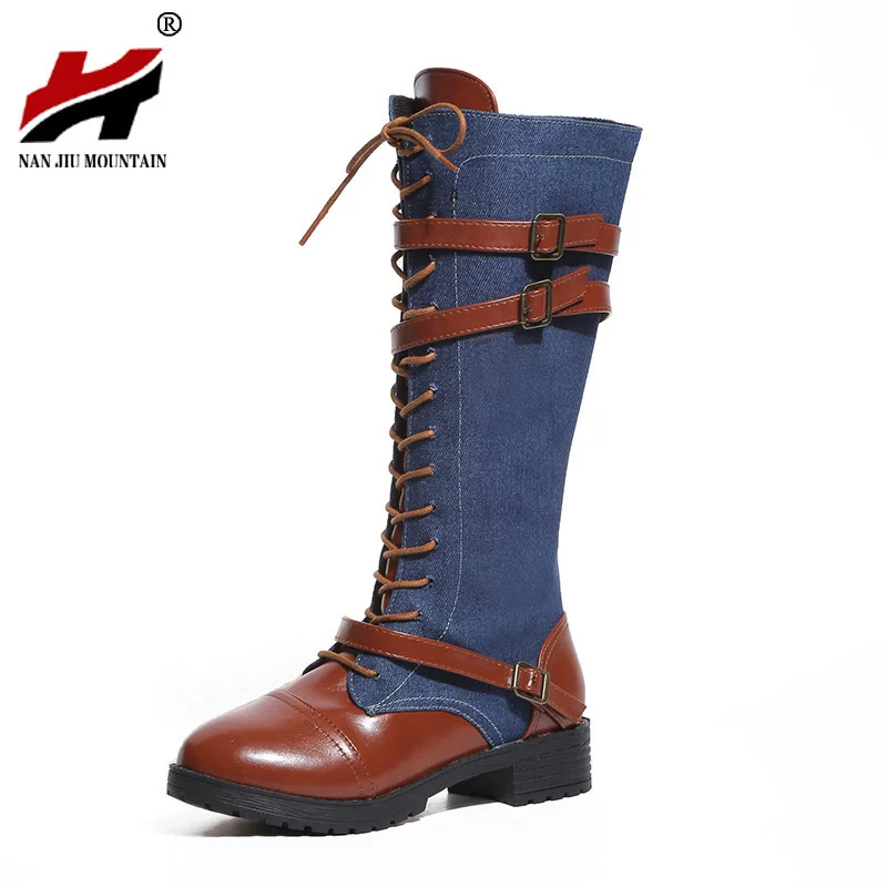 

NAN JIU MOUNTAIN 2018 Shoes Woman Autumn And Winter New Round Head PU Stitching Denim Lace Buckle Female Boots Plus Size 35-43