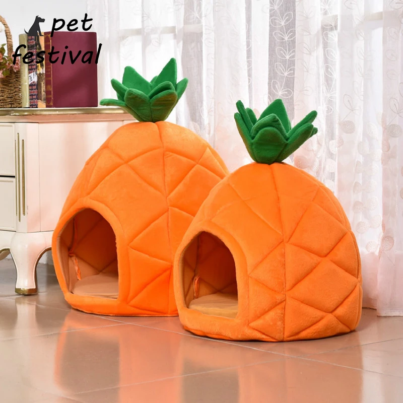 Pet Festival fruit Cat House Складная мягкая зимняя кровать для собак форма ананаса дом для собак милый Питомник Гнездо собака теплая кровать для кошки - Цвет: Yellow plus green