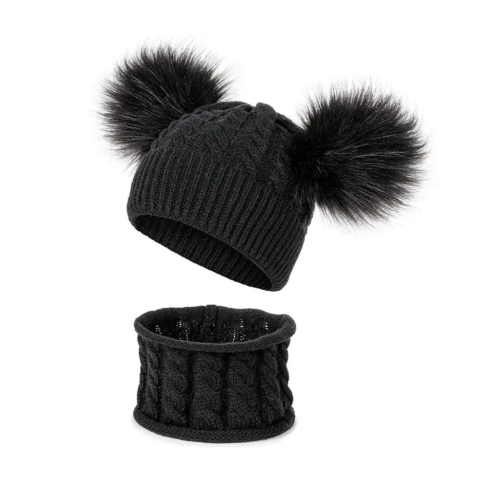 New Arrival Children Winter Thicken Braided Knitted Hat Scarf Set Solid Color Cute Fluffy Pompom Ball Beanies Scarf Set