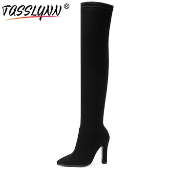

TASSLYNN 2018 Women Boots High Heels Winter Shoes Woman Over The Knee Boots Stretch Fabric Thin Heel Pointed Toe Sexy Plus Size