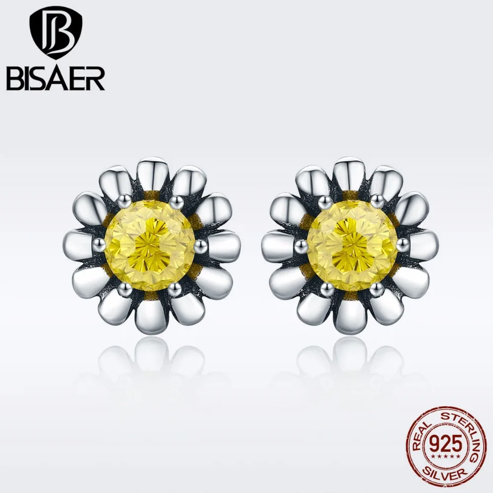 BISAER Серебро 925 пробы желтая Маргаритка цветок изысканный маленькие серьги-гвоздики для Для женщин тонкие серьги ювелирные изделия Brincos, можно носить с ECE255