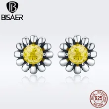 BISAER Серебро 925 пробы желтая Маргаритка цветок изысканный маленькие серьги-гвоздики для Для женщин тонкие серьги ювелирные изделия Brincos, можно носить с ECE255