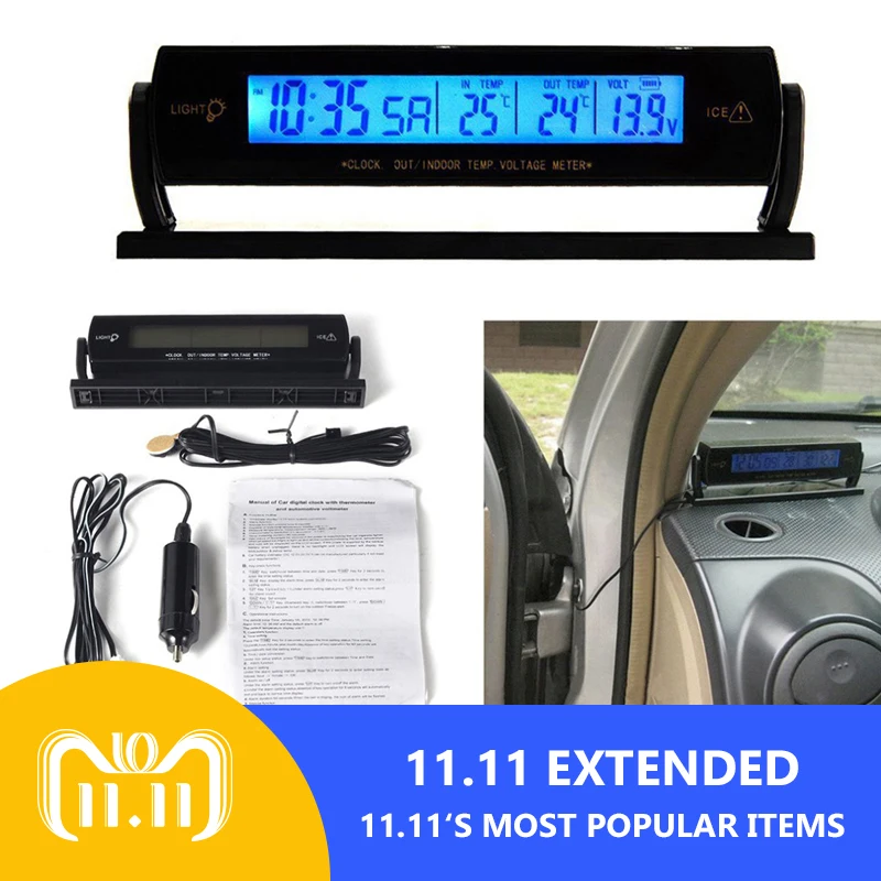 New Car Auto LCD Digital Auto Car Voltage Temperature Thermometer Meter Monitor Clock Alarm 3 In 1