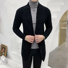 Зимний трикотажный мужской простой тонкий средней длины кардиган свитер куртка повседневный мужской свитер