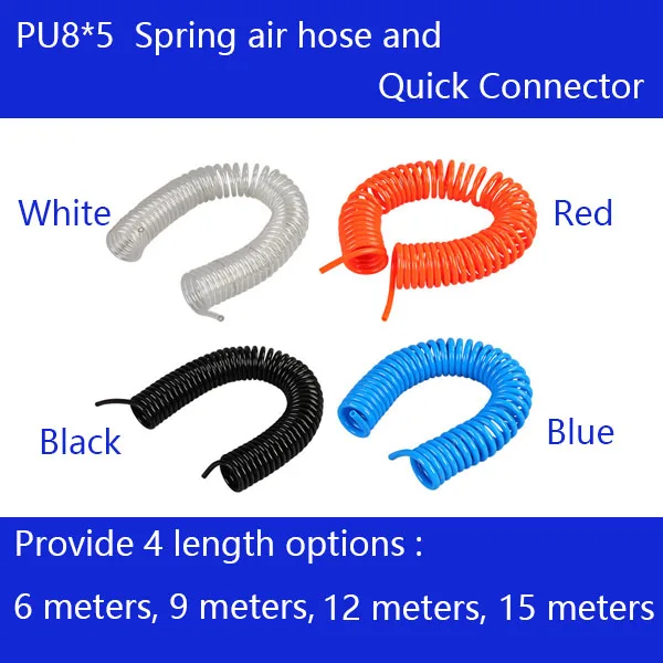 Free shipping PU8*5mm spring air compressor hose and quick detachable connectors, pneumatic hose 6-15M, Air compressor parts