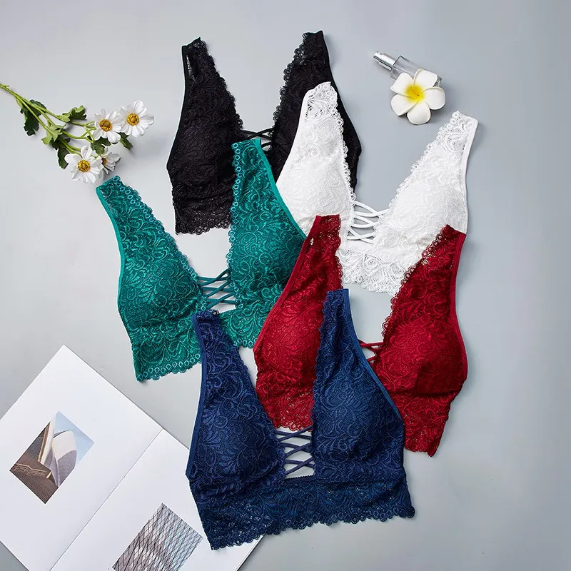  Sexy Lace Bralette Camisoles Tank Top Women Deep V Back Cross Wirefree Underwear Lingerie Brassiere