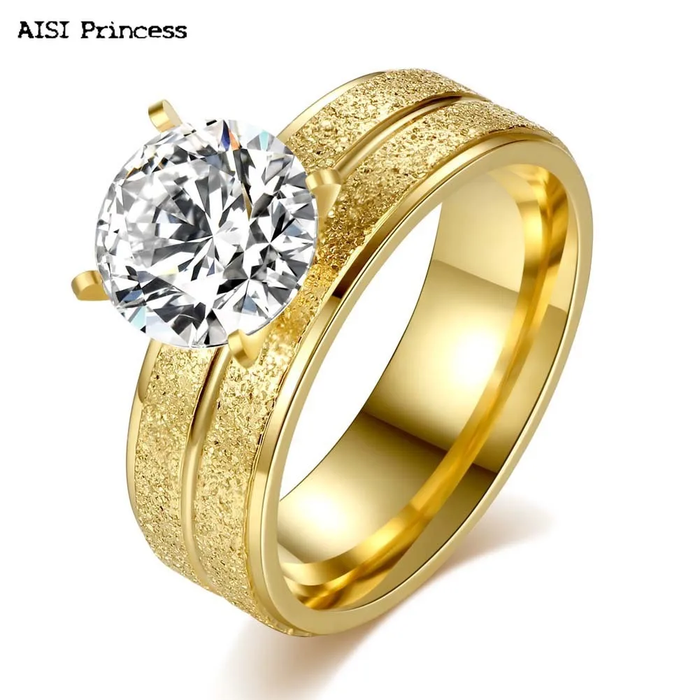 

Best Selling Stainless Steel Personality Four-prong Ring Set Round Large Zircon Ring Titanium Steel Plated Gold Ring