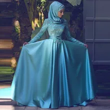 Heißer Verkauf Dubai Abendkleider Lange Blue Abendkleid Lang Sleeve Reich vestido de festa Oansatz Satin-nach Maß Freies verschiffen