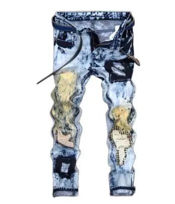 

High quality 2019 men's Splash-ink broken hole personality do old patchwork color patch straight tube slim jeans Hip hop Jeans