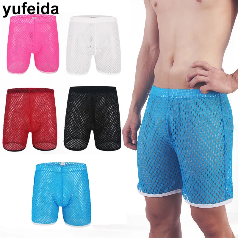 Летние мужские шорты, дышащие пляжные повседневные шорты, сетчатые Короткие штаны для геев, Мужская сексуальная одежда, открытые трусы-боксеры для улицы