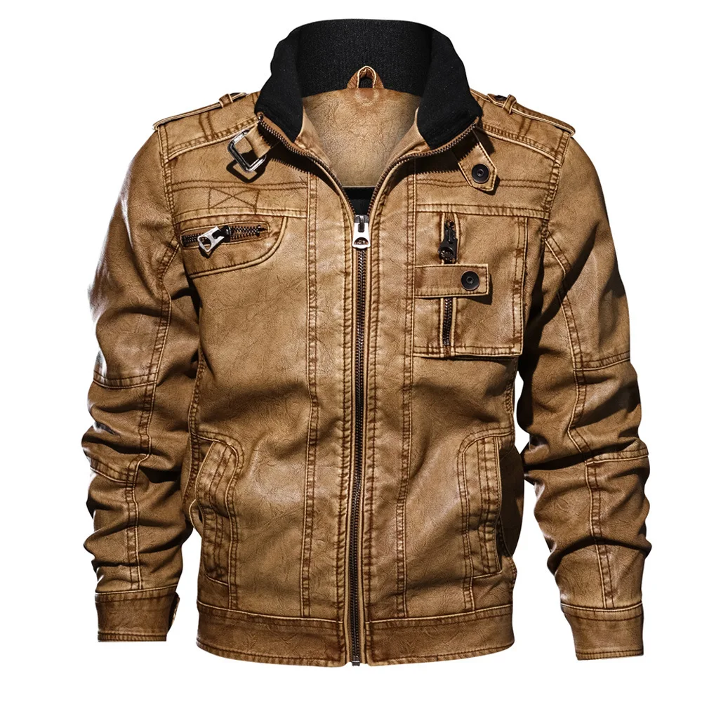 Осенне-зимняя мужская куртка из искусственной кожи с воротником, одноцветная, с эффектом потертости, мотоциклетная куртка большого размера, мужская кожаная куртка