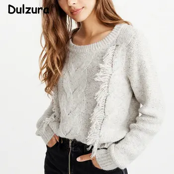

Elegant Tassel Gray Knitted Sweaters Women Autumn Basic O-Neck Long Sleeve Knitted Pullovers Casual Jumpers Female Knitwear