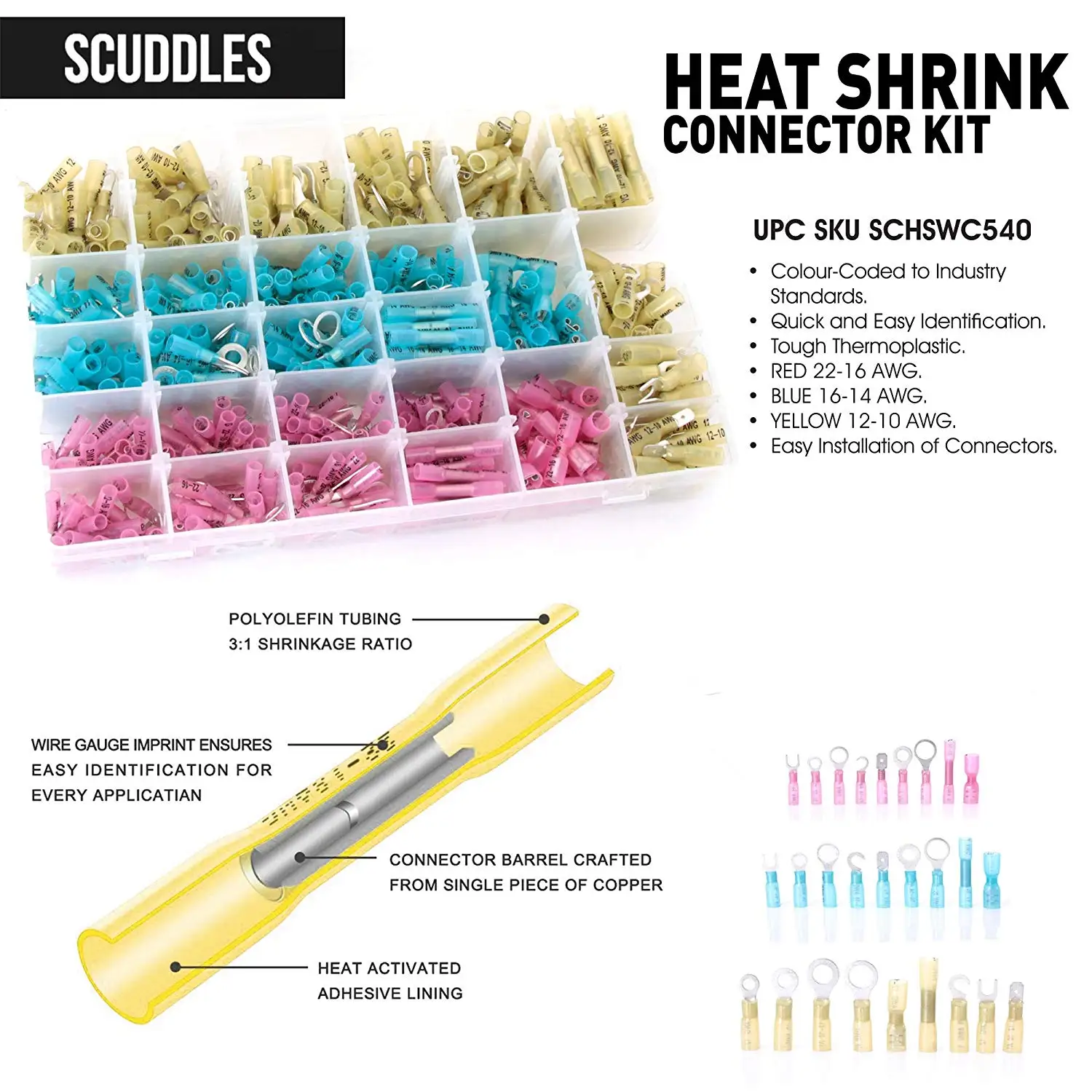 

540 PCS Waterproof Marine Automotive Terminals Electrical Insulated Crimp Ring Butt Spade Heat Shrink Wire Connector Kit