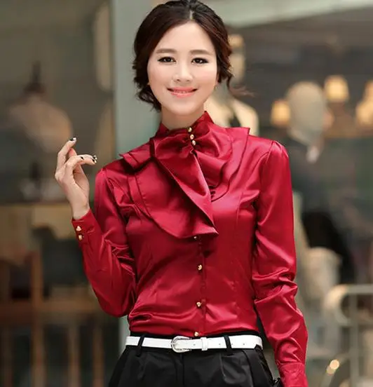 4 цвета, шелковая блузка, плюс размер, атласная блузка для женщин, модная женская офисная блузка, рубашка с длинным рукавом, Женская рабочая одежда, прозрачная рубашка для женщин - Цвет: wine red