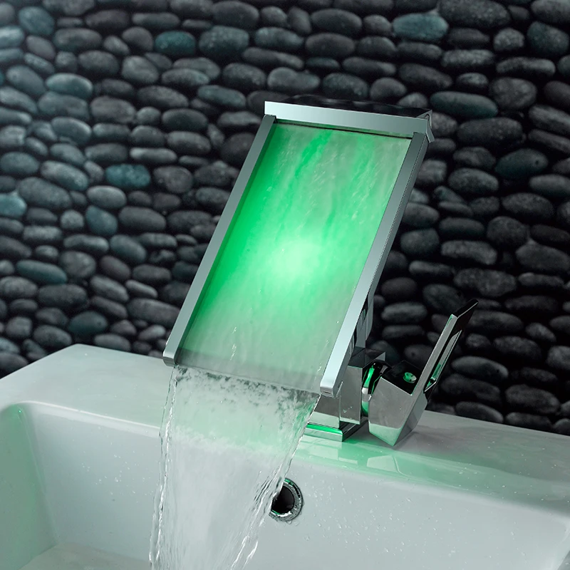 US $189.24 3 Colors Changed Led Faucet Temperature Sensor WaterPowered Led TapBathroom Deck Mounted Waterfall Basin Sink Mixer Tap