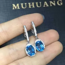 Серьги-капли с натуральным голубым топазом, 925 серебро, серьги с натуральным драгоценным камнем, женские классические элегантные круглые вечерние серьги-капли