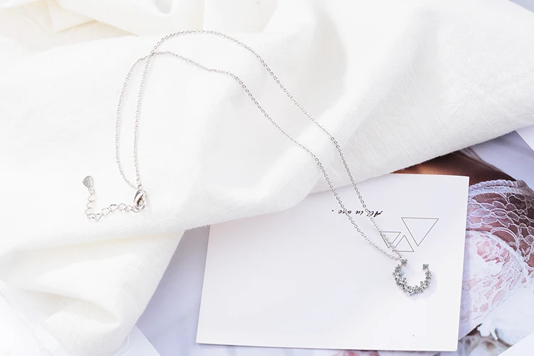 Anenjery Горячая Мода Ослепительный CZ нерегулярный полумесяц Кулон ожерелье для женщин 925 пробы Серебряное ожерелье с цирконом S-N277