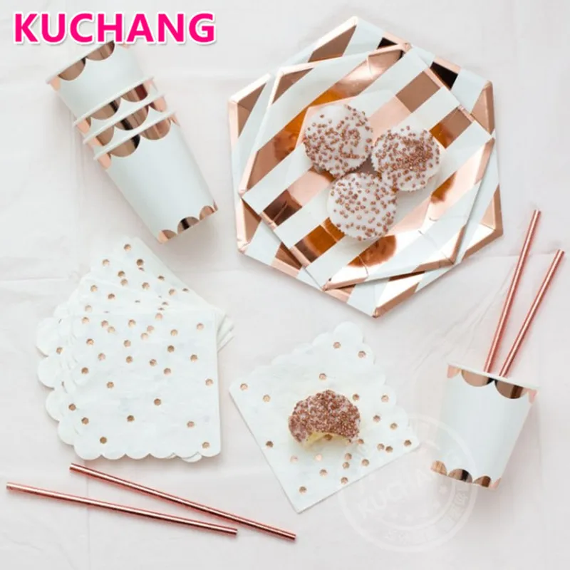 

Rose Gold Disposable Tableware Sets Striped Solid Straws Paper Cups Tray Plate Baby Shower Wedding Birthday Party Decor Supplies