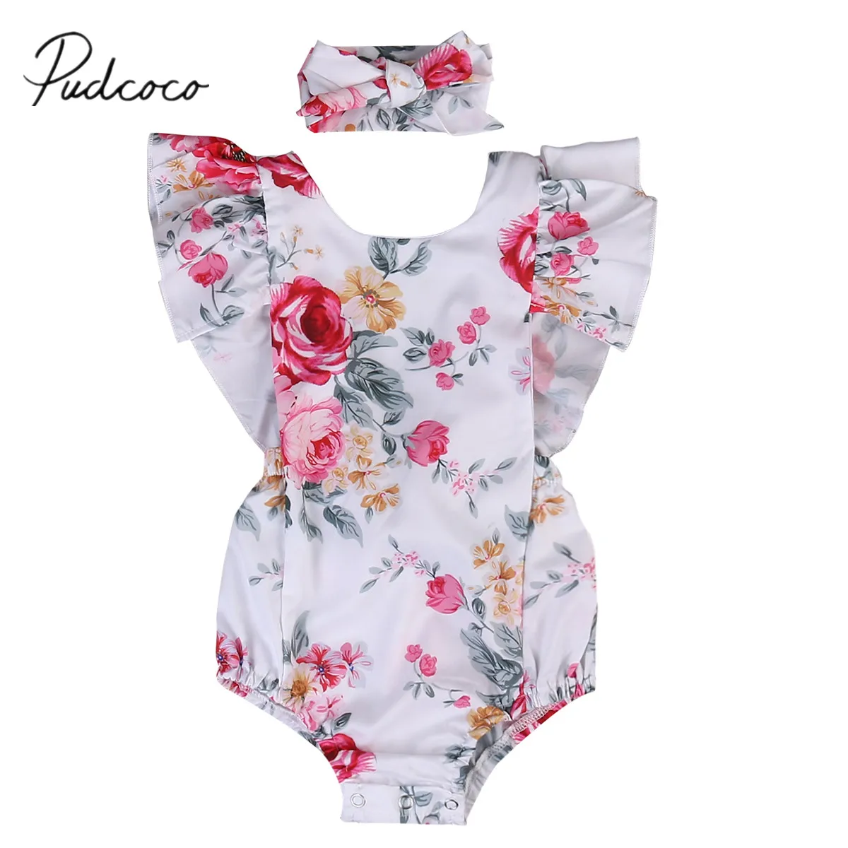 

2019 Baby Summer Clothing Newborn Baby Kid Girl Infant Jumpsuit Headband 2pcs Flower Ruffles Short Sleeve Bodysuit Cotton Outfit