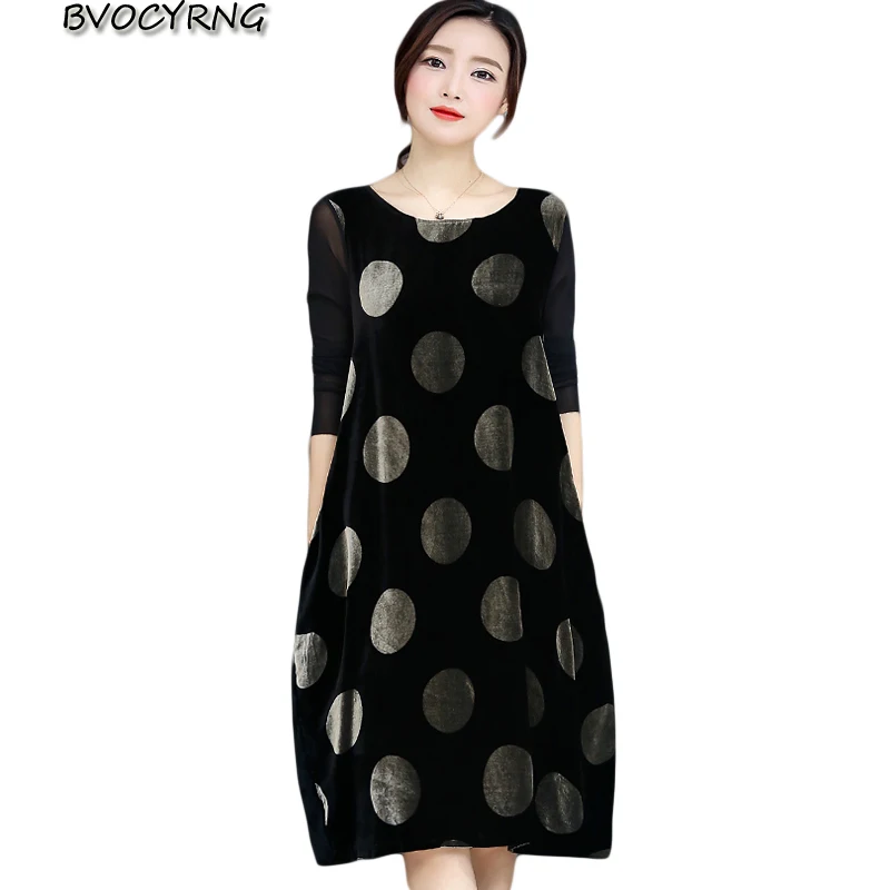 Hit spring autumn middle-aged women dresses Round collar Long sleeve loose fashion big yards long wave point velvet dress A0162 | Женская